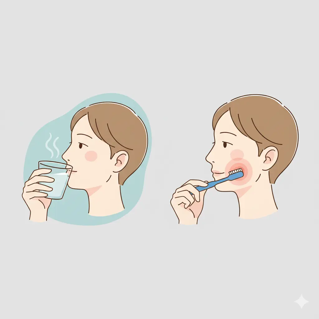 A medical illustration showing gentle saltwater rinsing and soft brushing while avoiding the extraction site on day three after tooth extraction.